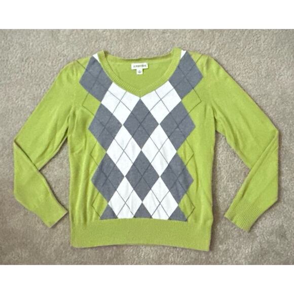 St Johns Bay Green Argyle Cotton Women’s V-Neck Sweater Size Small S - Picture 1 of 6